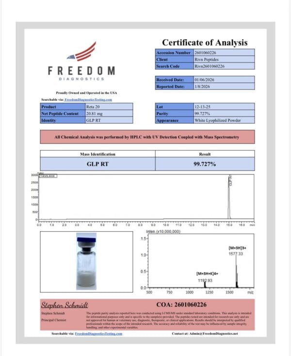 Certificate of analysis for Rivn Peptides GLP-3 Retatrutide research peptide.