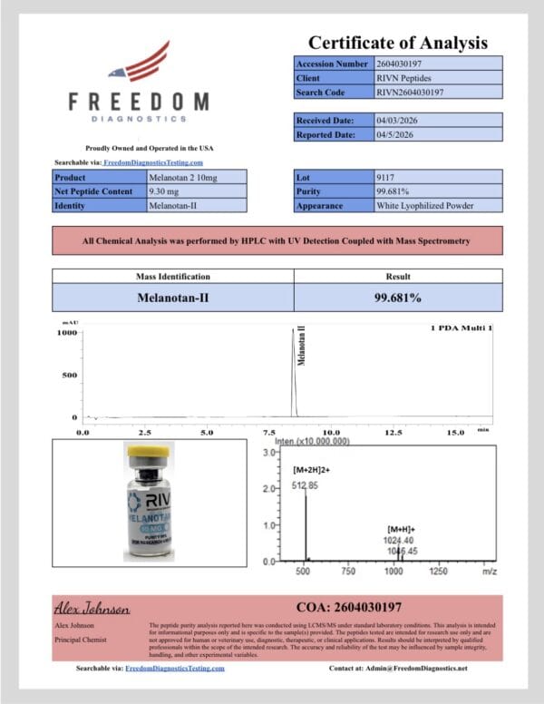Certificate of analysis for Melanotan 2 peptide from RIVN Peptides.