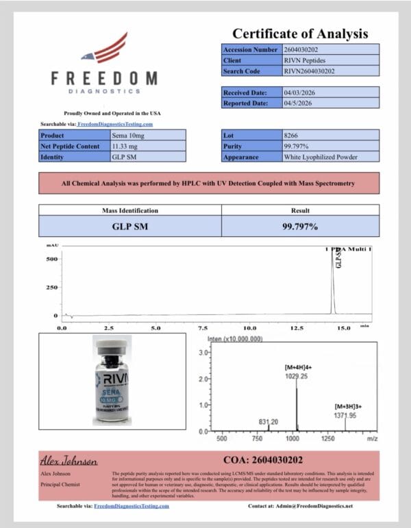 Certificate of analysis for Rivn Peptides GLP-1 Semaglutide peptide.