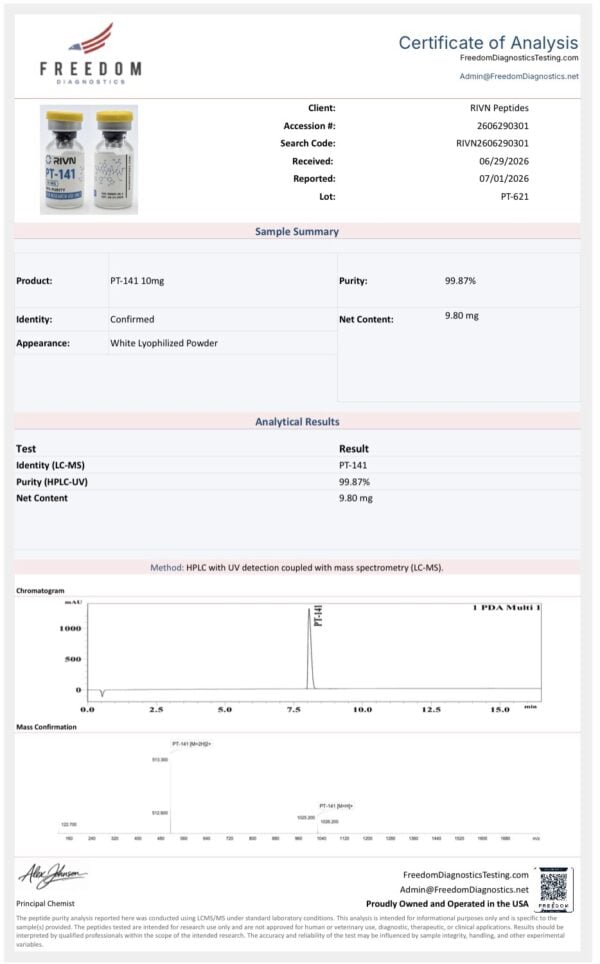 Certificate of analysis for Rivn Peptides PT-141 10MG showing purity and identification details.