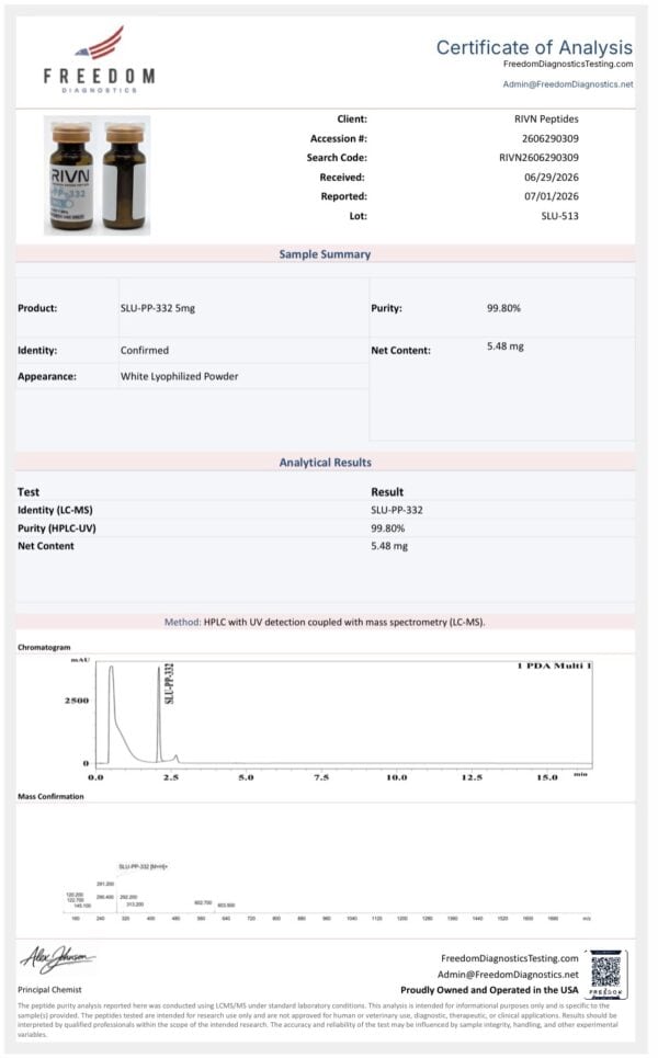 Rivn Peptides supplement bottle with SLU-PP-332 5MG label for research use.