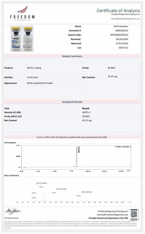 RIVN Peptides MOTS-c supplement bottle with analysis details.