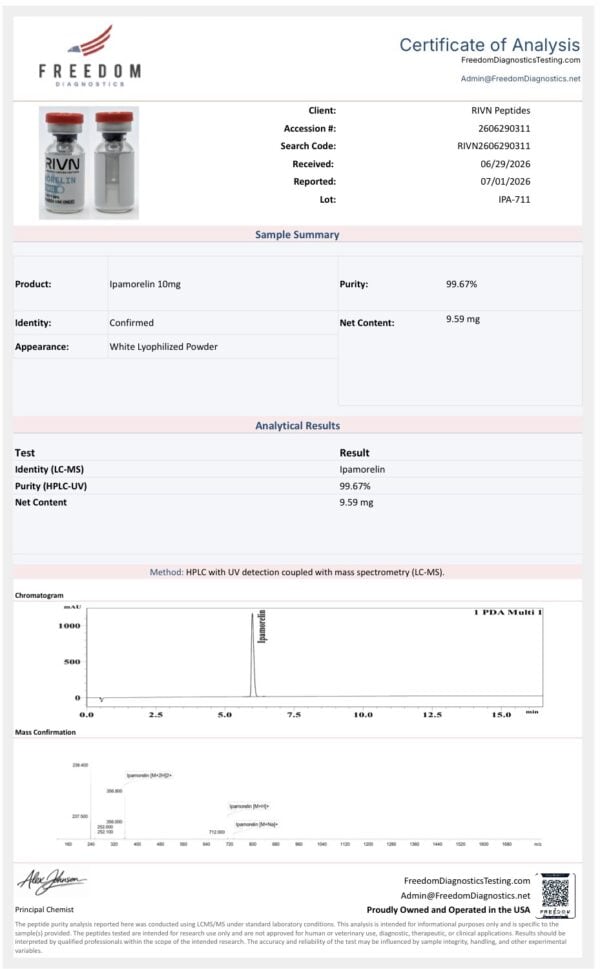 Rivn Peptides Ipamorelin 10mg research grade peptide in vial for laboratory use.
