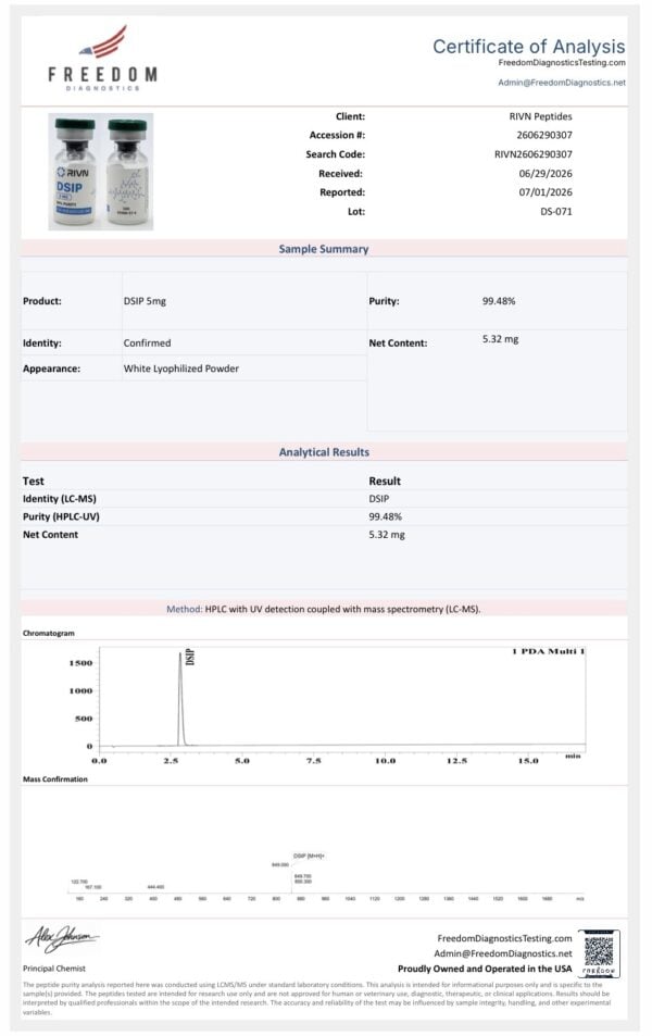 Certificate of analysis for Rivn Peptides DSIP 5MG showing purity and test results.