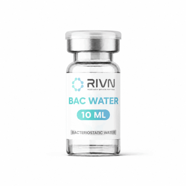 Small glass vial labeled Bac Water 10 ML for peptide reconstitution.