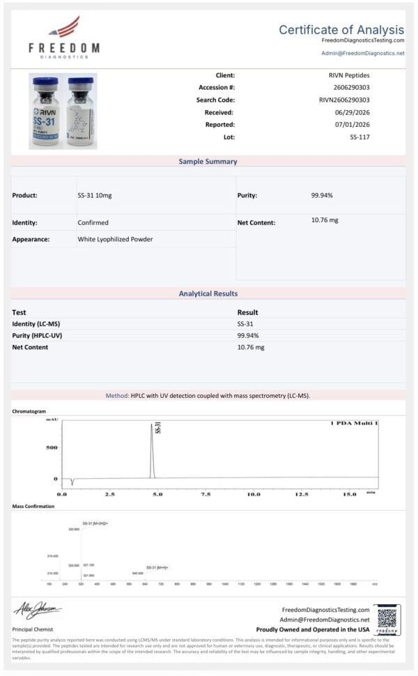 Rivn Peptides SS-31 10MG supplement bottle for health and wellness.