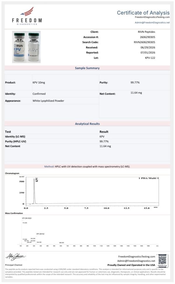 Certificate of analysis for Rivn Peptides KPV 10MG showing purity and content details.