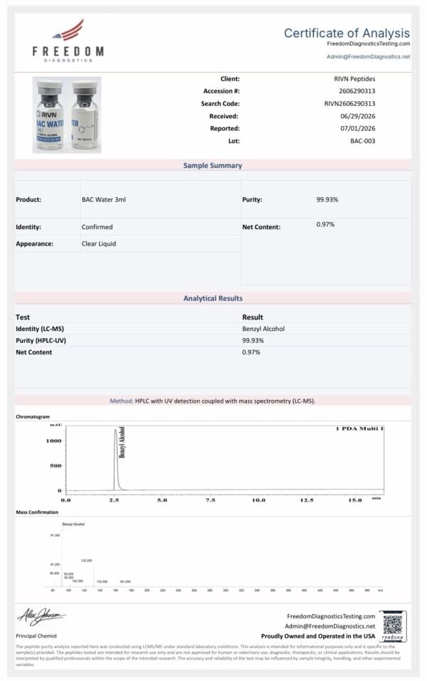 Certificate of analysis for Rivn Peptides Bacteriostatic Water showing high purity levels.